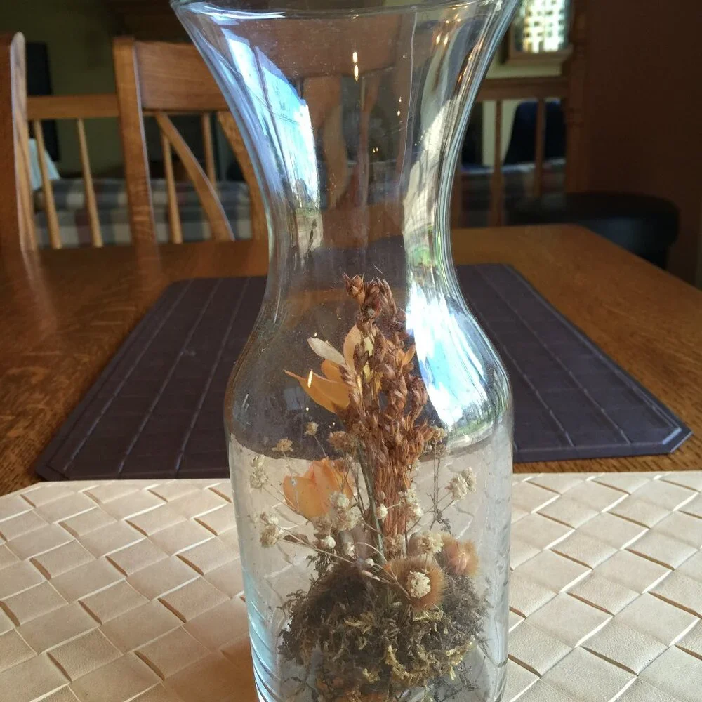 Vintage Clear Glass Vase with Artificial Flowers